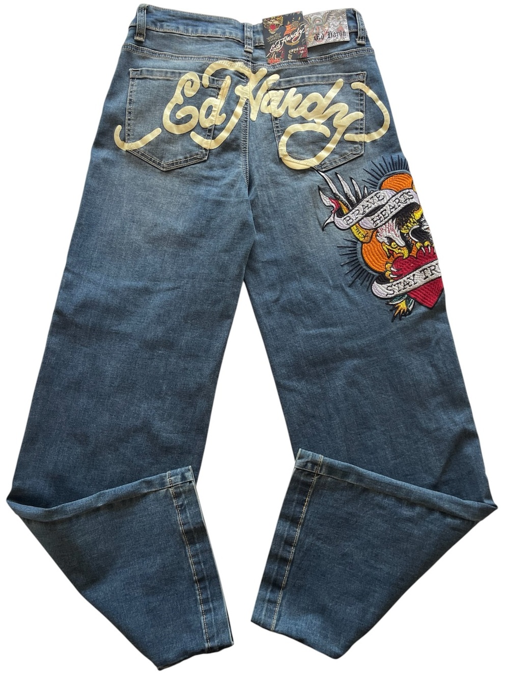 Ed Hardy Brave Eagle Wide Leg Jeans NWT Size 28 Y2K Tattoo Embroidered Denim